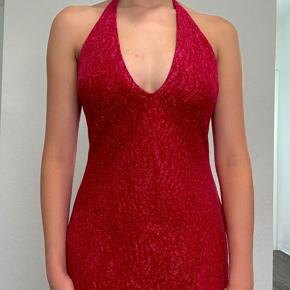 2000s hot pink halter maxi dress by Jessica McClintock for Gunne Sax - Picture 5 of 8